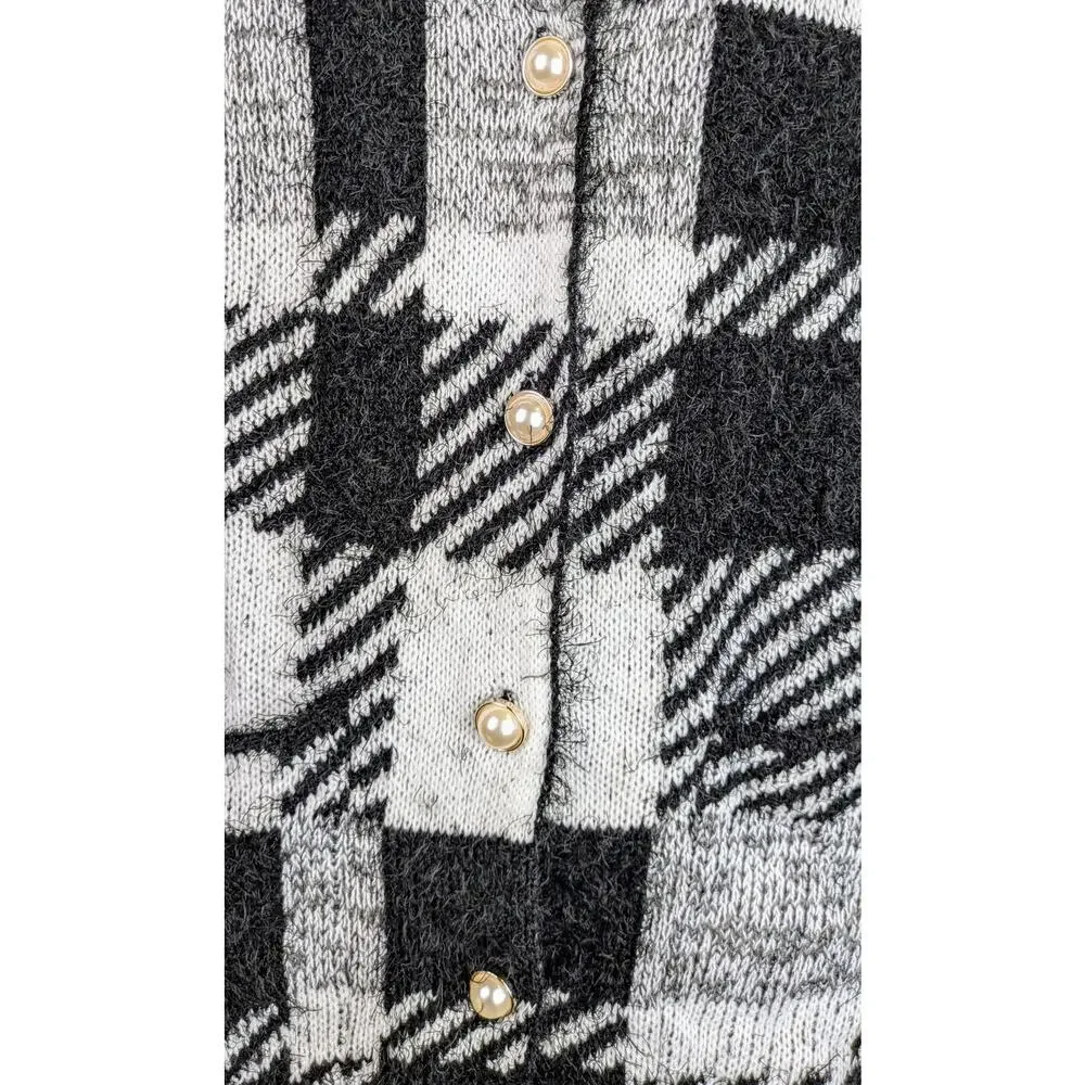 Ashley Stewart Cardigan Sweater 3X Black White Buffalo Check Fuzzy Knit Preppy